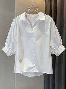 Franclia Camisa blanca minimalista de unicolor y casual para mujer - Blanco - Ver 3