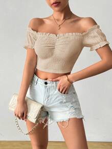 Chiquease Women's Solid Off Shoulder Textured Cropped Fashionable T-Shirt