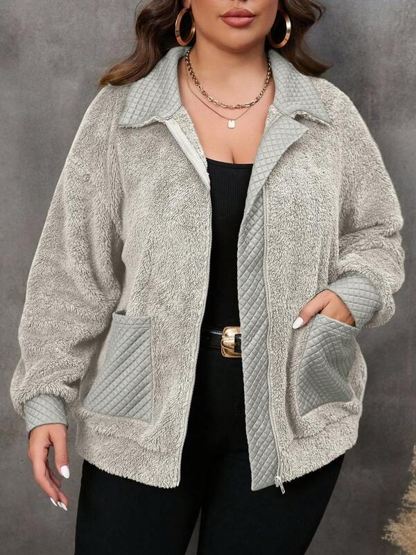 EMERY ROSE Abrigo de franela con bolsillos duales, hombros caídos y cremallera para invierno, talla grande