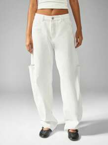 MISSGUIDED High Waisted Wide Leg Barrel Cut Ripped Jeans Distressed Loose Fit Denim Pants Fall Winter Casual Streetwear Fashion - White - View 6