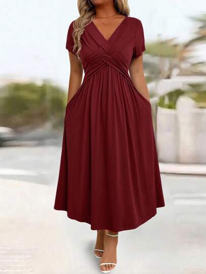 Breezaya Women Elegant Cable Knit Twist Dress, Casual Commuting, A-Line Flowy Loose, Slimming V Neck Dress Elegant Dress