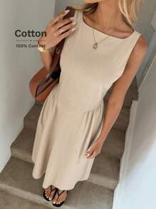 Easowa Crew Neck Waist Gather Ruched A-Line Dress, Casual Resort Elegant Midi Dress For Women, Spring/Summer, Cotton Fabric Drop Waist Dress Old Money Style Women Island Vacation Outfits Summer Dresses For Women Vacation Outfits Women Strapless Dress Airport Outfit For Women Boho Dress Women,Business Casual Woman Business Women Attire - Apricot - View 4