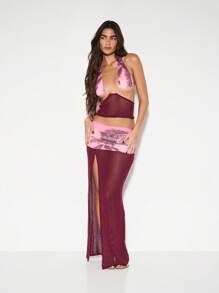 KIZN Festival Beach Resort Palm Print Mesh Crochet Halter Maxi Skirt Set Summer Vacation Holiday Beachwear Party Evening Hawaiian Set