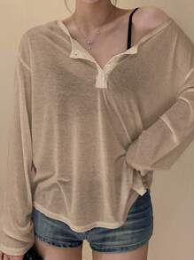 Dazy Plus Plain Crew Neck Partial Button Front Long Sleeve T-Shirt, Spring/Summer