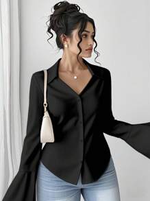 Elenzga Áo sơ mi dài tay cổ bẻ thời trang thường ngày cỡ lớn cho nữ - Nhiều màu - Xem 1