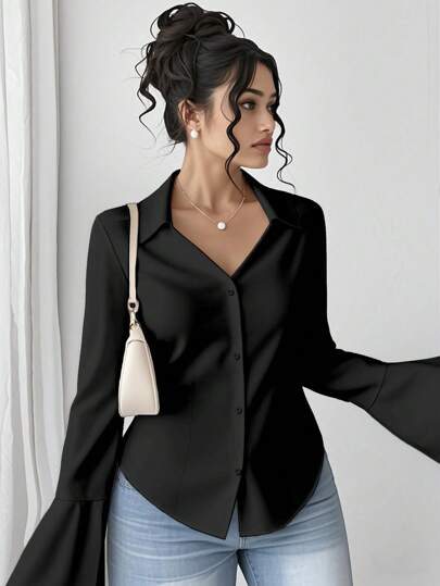 Elenzga Plus Size Women Fashionable Casual Turndown Collar Long Sleeve Shirt Fall Cloth For Women