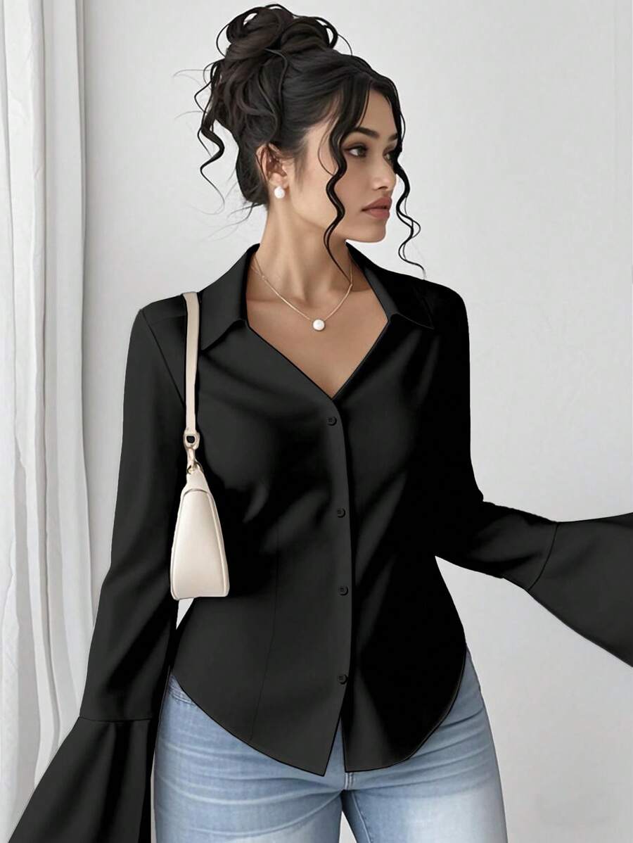 Elenzga Áo sơ mi dài tay cổ bẻ thời trang thường ngày cỡ lớn cho nữ - Nhiều màu - Xem 1