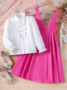 女童背带裙搭配白色长袖衬衫 - 白色 - 查看 7