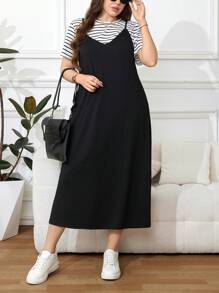 SHEIN LUNE Plus Size Women's Striped Round Neck Short Sleeve T-Shirt And Spaghetti Strap Dress 2 Piece Set, Summer Long Black Casual Dress Black Sundress Women Casual Sundress Fall Women Clothes School Clothes Stockholm Style Country Outfits Women Vintage Clothes Women Teacher Outfits For Women - Black and White - View 3