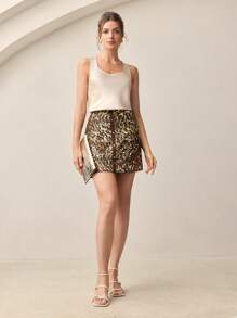 BizChic Women's Brown And Gold Embellished Skirt,Elegant Autumn Cocktail Party Skirt,Night Out Wedding Guest Business Casual Everyday Wear,90s Vintage Skirt - Yellow - View 1