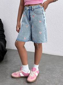 SHEIN Pantalones cortos vaqueros holgados de cintura alta con bordado de corazón lavado en azul claro, estilo Y2K para niña preadolescente; Pantalones cortos holgados de estilo boho para vacaciones de verano en la playa para niña preadolescente; Pantalones cortos casuales para conciertos de verano, festivales, brunch de verano, iglesia, graduación, vuelta al colegio para niña preadolescente - Lavado ligero - Ver 3