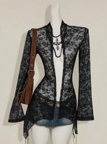 SHEIN ICON Sexy Lace Asymmetrical See-Through Cardigan Top - Black - View 1