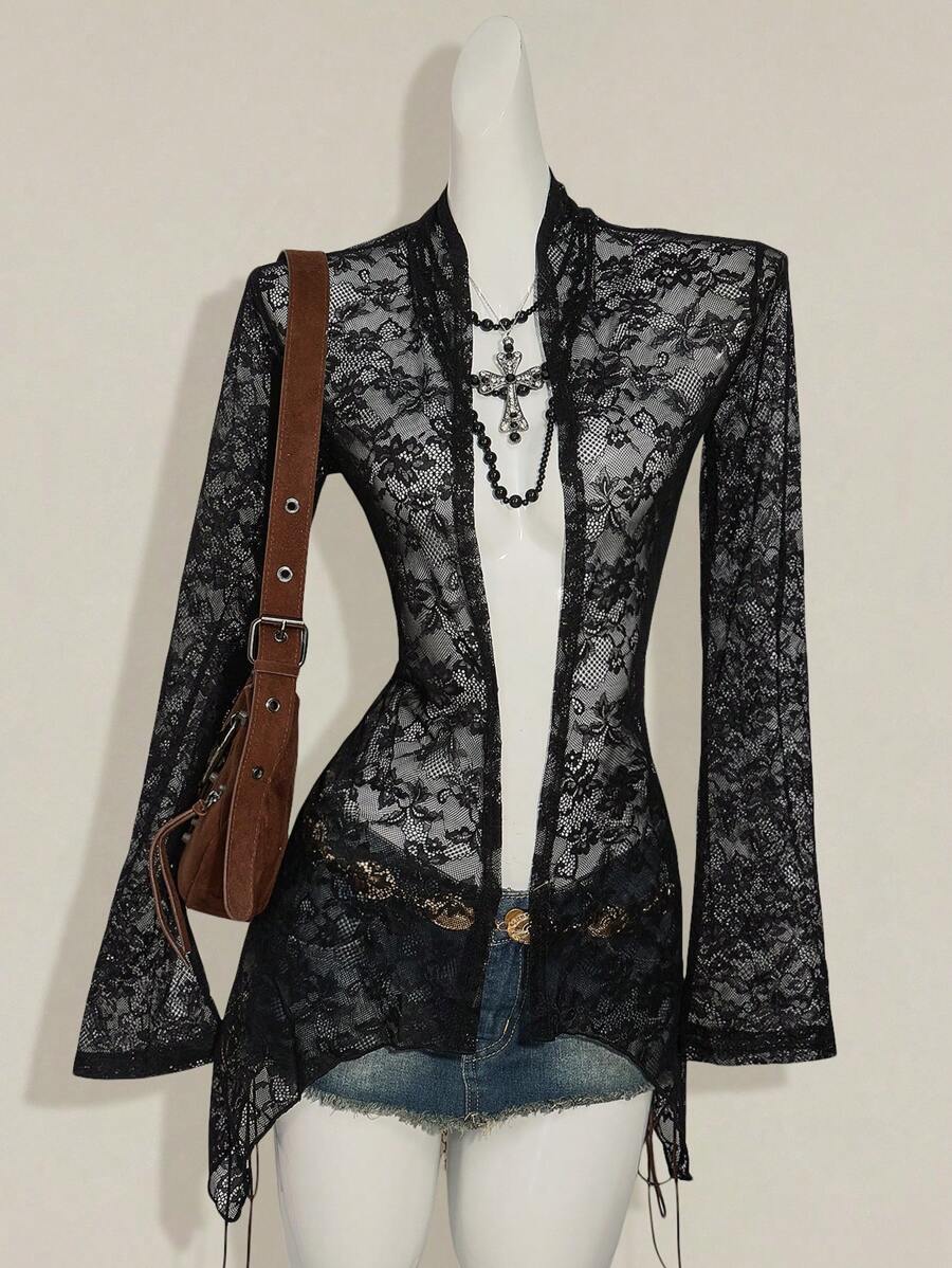 SHEIN ICON Sexy Lace Asymmetrical See-Through Cardigan Top - Black - View 1