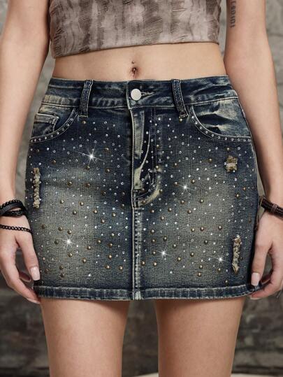 Grunge Punk Minigonna in denim sexy con vita bassa, decorata con strass, di stile vintage Y2K e da strada