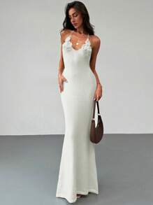 Aloruh Apricot Color Bandage Backless Floral Summer Knitted Bodycon Dress For Romantic Date Or Vacation