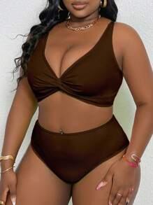 Slaydiva 加大码女式纯色扭纹性感比基尼套装，夏日海滩 - 棕色 - 查看 3
