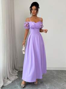 Elenzga Vestido formal elegante y vintage con volantes de gasa, mangas abombadas y cintura hueca en corte evasé, adecuado para graduación y galas - Púrpura malva - Ver 5