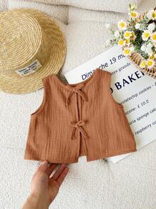 SHEIN LMoss Kids 夏季可爱棕色蝴蝶结后背休闲背心，适合女宝宝 - 棕色 - 查看 4