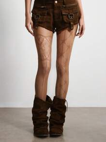 ROMWE Grunge Punk 1 双复古不对称星星和花朵镂空渔网袜，独特设计灰色连裤袜，超薄弹性透视紧身裤 - 棕色 - 查看 2