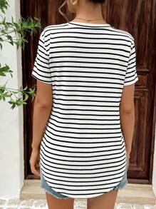 SHEIN Maternity Striped Round Neck Short Sleeve Casual T-Shirt With Side Slit Hem, Summer