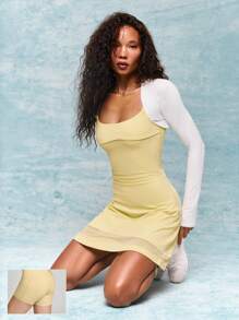 GLOWMODE FeatherFit™-Air Own Your Shine Lưới nối Dây đeo có thể điều chỉnh Cúp có thể tháo rời Quần short tích hợp Túi bên hông Tay cầm chống trượt Váy thể thao Yoga tác động thấp Pilates Studio Quần áo thể thao hàng ngày - French Vanilla - Xem 1