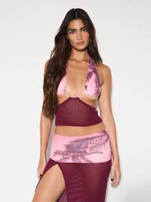 KIZN Festival Beach Resort Palm Print Mesh Crochet Halter Maxi Skirt Set Summer Vacation Holiday Beachwear Party Evening Hawaiian Set