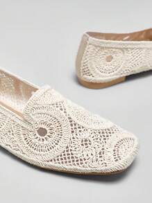 SHUZIA 女士优雅花卉针织透气材质舒适平底鞋 - 米色 - 查看 5