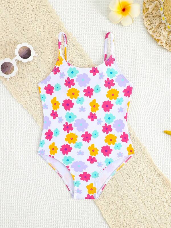 Vestido veraniego casual de una pieza con estampado floral y tirantes finos para niñas jóvenes