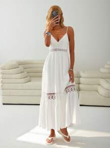 SHEIN EZwear 女士度假风撞色蕾丝荷叶边下摆优雅细肩带中长连衣裙 - 白色 - 查看 6