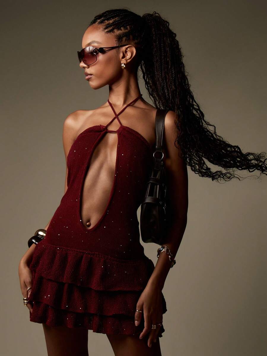 MISSGUIDED Sparkly Knit Halter Party Mini Dress Tiered Ruffle Hem Cut Out Design Fall Winter Clubwear Night Out Statement Christmas - Red - View 1