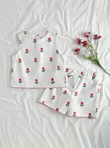 SHEIN Conjunto de pantalón corto y top corto sin mangas con estampado floral, conjunto de verano liviano para niñas