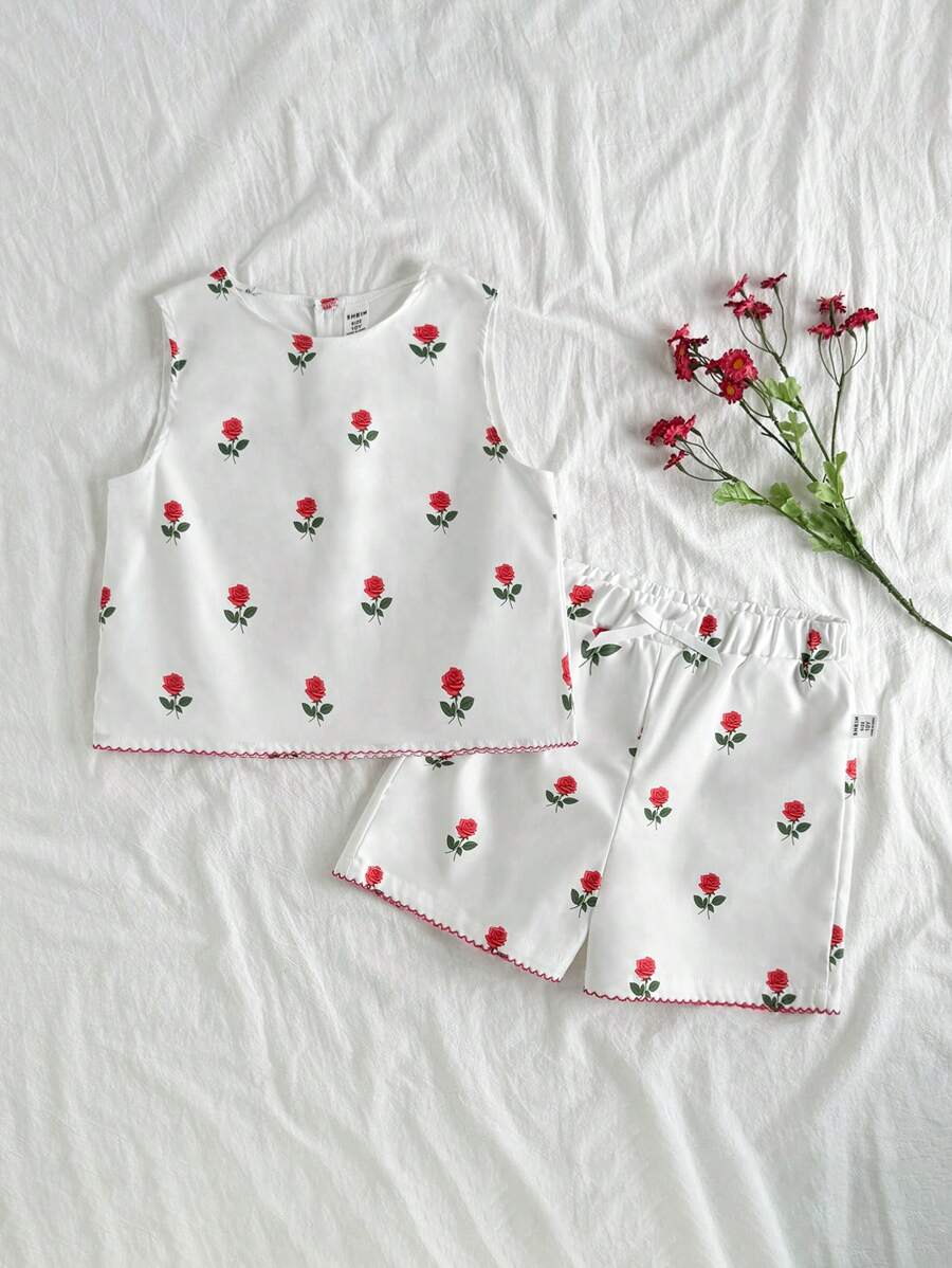 SHEIN Conjunto de pantalón corto y top corto sin mangas con estampado floral, conjunto de verano liviano para niñas