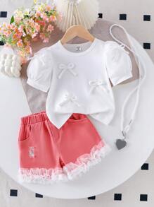 SHEIN Explorewe Áo len tay bồng thiết kế ngọc trai và nơ cho bé gái, áo phông thời trang, quần short denim viền lưới xếp nếp màu trắng, bộ đồ mùa hè - Hồng - Xem 6