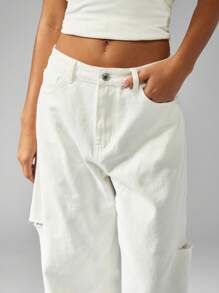 MISSGUIDED High Waisted Wide Leg Barrel Cut Ripped Jeans Distressed Loose Fit Denim Pants Fall Winter Casual Streetwear Fashion - White - View 4