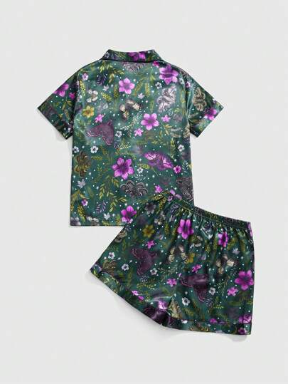 Fairycore Ensemble de pyjama d'été casual pour femmes avec imprimé floral de plante féerique et papillon, col, manches courtes et shorts, effet blocs de couleurs
