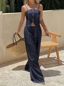 DAZY 2 件女式夏季撞色缝线开襟牛仔吊带背心和宽松休闲裤套装，度假风格轻便休闲牛仔套装