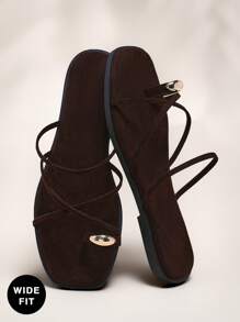 SHUZIA Wide Fit Women's Suede Chocolate With Gold Accent Ring Toe Thong Slides–Plus Size Fashionable & High-Quality Elegance - Coffee Brown - View 2