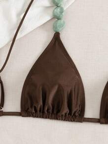 Swim Chiccia Women's Summer Beach Music Festival Brown Shiny Beaded Spaghetti Strap Bikini Set - Chocolate Brown - View 4