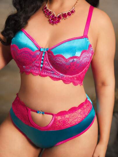 2pcs Plus Size Vintage Palace Style Contrast Color 3/4 Cup Underwire Lace Patchwork Hollow Out Satin Bra Set