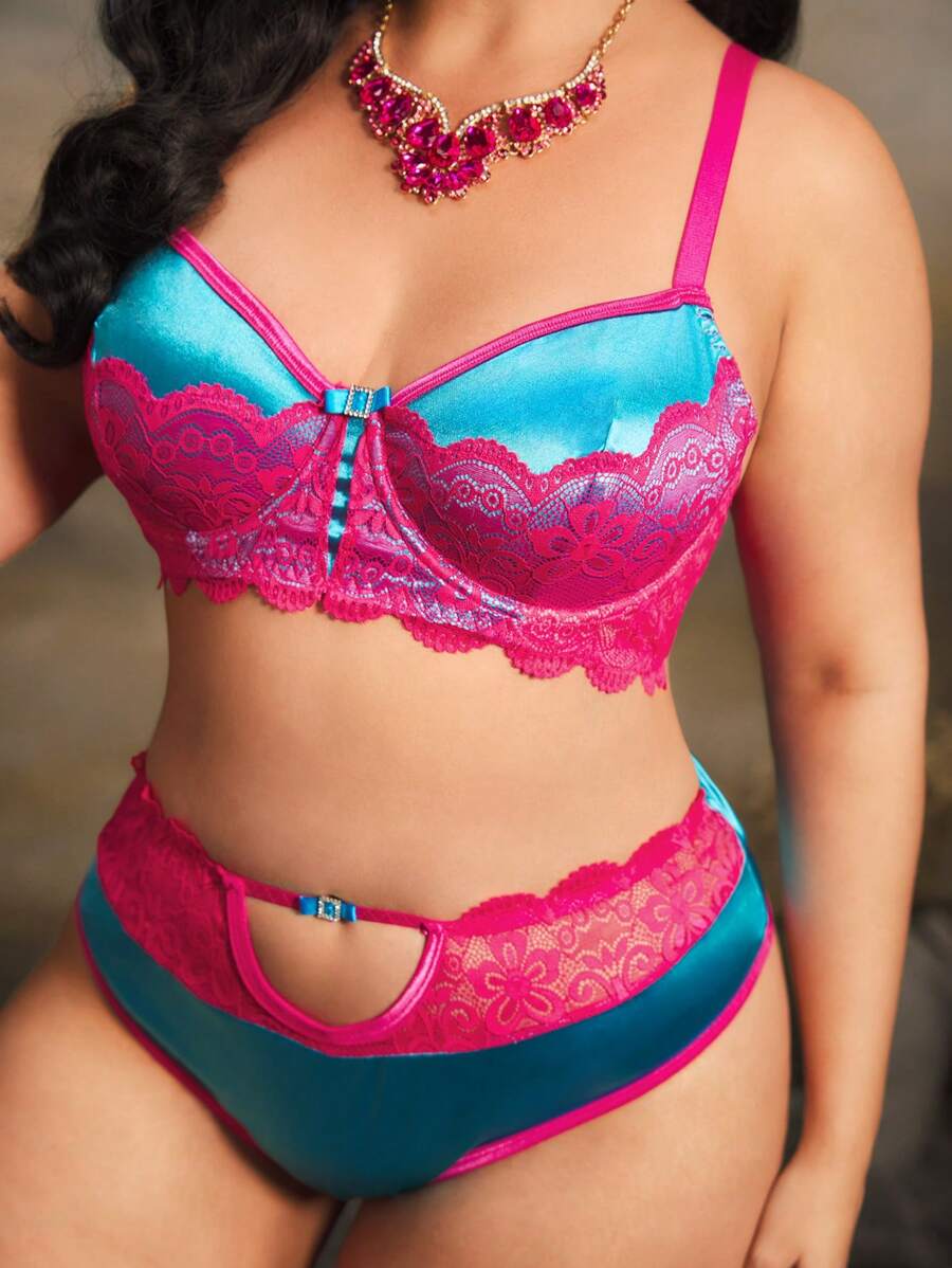 PinupPomp Bộ 2 áo ngực cỡ lớn kiểu cổ điển, phối màu tương phản, cúp 3/4, có gọng, chất liệu satin, ren và họa tiết khoét rỗng. - Nhiều màu - Xem 1