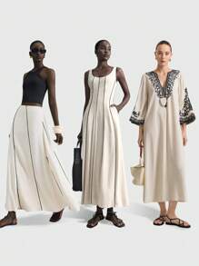 Ontre 2026新款杏色无袖轻薄休闲连衣裙，适合商务场合、日常通勤、优雅海滩度假、婚礼宾客、乡村音乐节等。 - 卡其色 - 查看 3