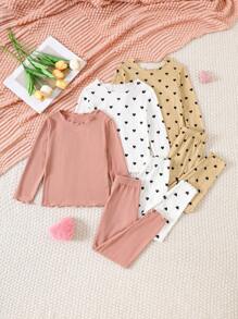 SHEIN 6件套少女简约心形图案罗纹圆领长袖长裤柔软亲肤修身睡衣套装 - 彩色 - 查看 1