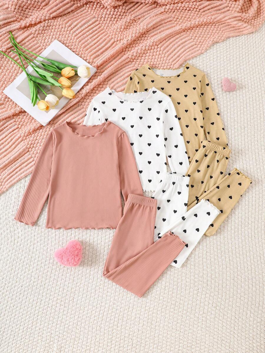 SHEIN 6件套少女简约心形图案罗纹圆领长袖长裤柔软亲肤修身睡衣套装 - 彩色 - 查看 1