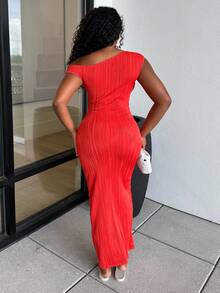 Alexandranx 夏季新款优雅派对日常约会斜肩单肩露肩前褶修身长裙波浪纹理针织面料白色女装连衣裙 - 橘色 - 查看 6