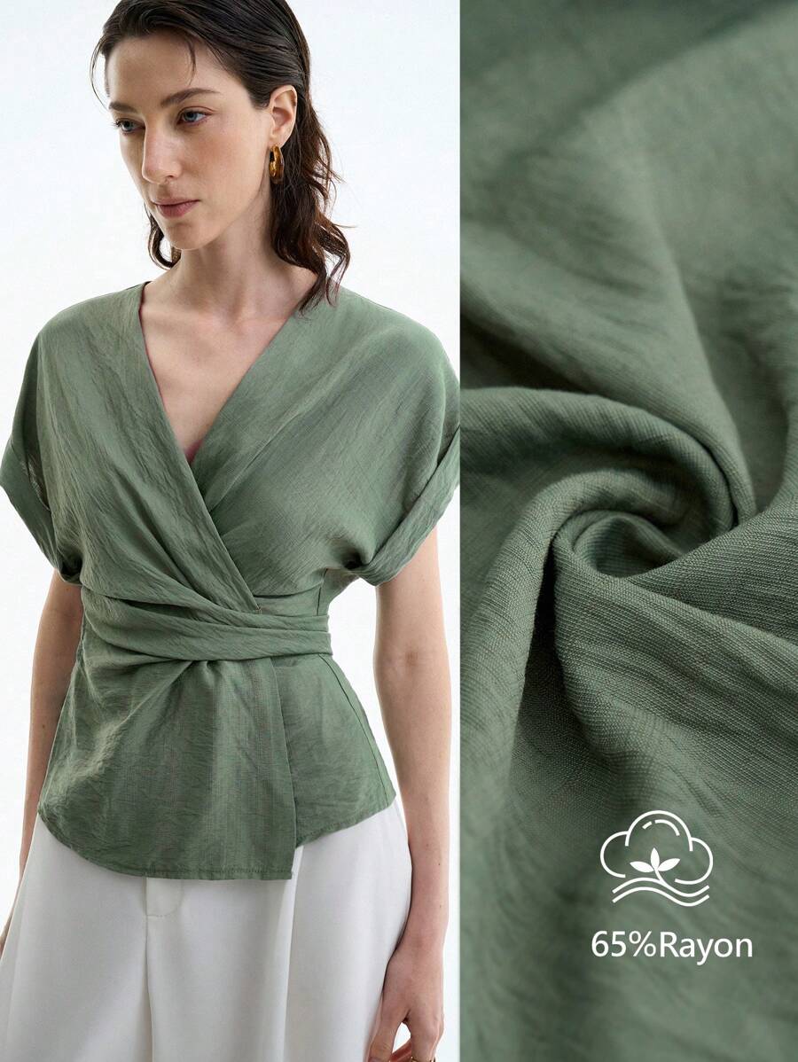 Aalyst Summer 2025 New Criss-Cross Waist Design Green Casual Women's Shirt With Countryside Vibe