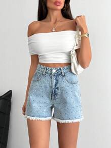 SHEIN SHORT DE MEZCLILLA DE TALLE ALTO CASUAL AZUL CON PIEDRAS