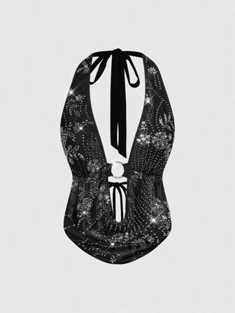 Heavily Embroidered Sequin Beachwear Backless Draped Neck Women's Tank Top