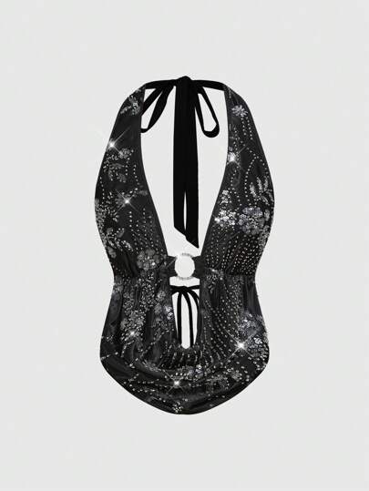 Stark besticktes Paillettenkleid mit offenem Rücken und gerafftem Ausschnitt für Damen