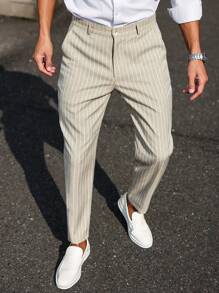 Calvornis 男士直筒宽松休闲西装裤，带口袋，条纹设计，男士裤子，男士西装裤 - 杏色 - 查看 3