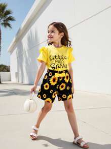 2pcs/Set Girls Casual Ruffle T-Shirt Top & Floral Print Shorts Set, Holiday Vacation - Yellow - View 3